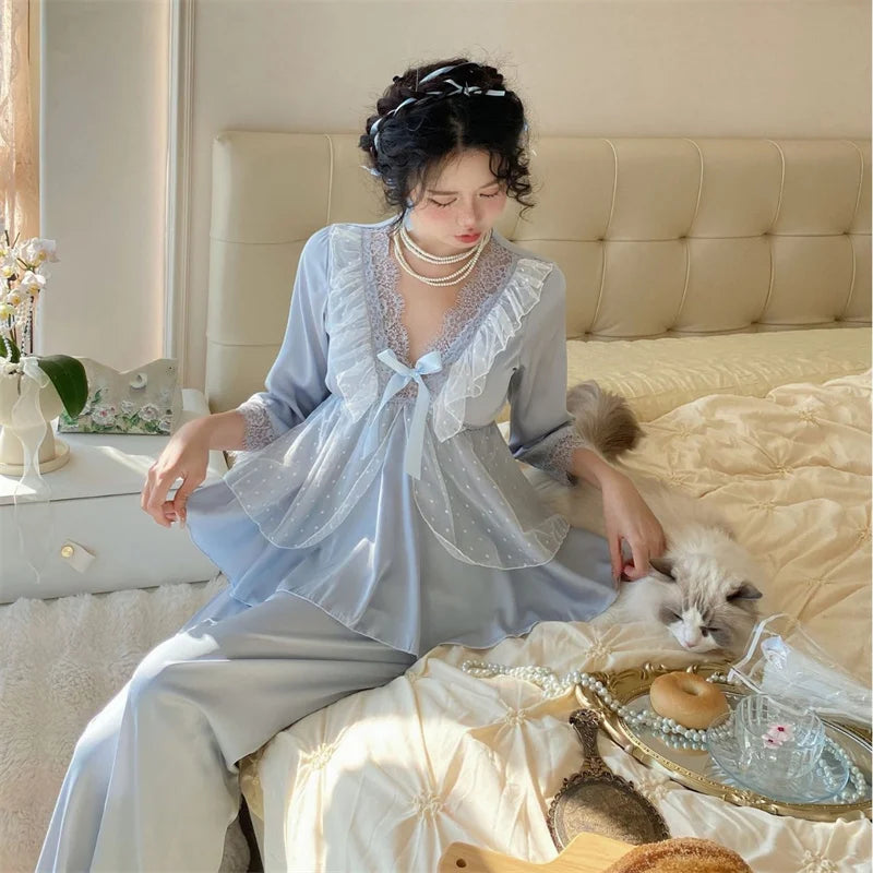 Spring New Lace Pajamas Suit Princess Style Nightwear  Rayon Stain Solid Long Sleeve Deep V-Neck Home Clothes
