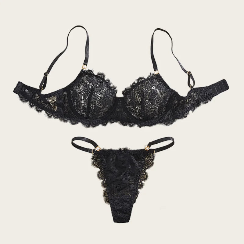 Sexy Lingeries Women Eyelashes Lace Underwear Charming Black Erotic Lingerie 2 Pieces Adult Underwear Elegant Pearl Lingerie Set