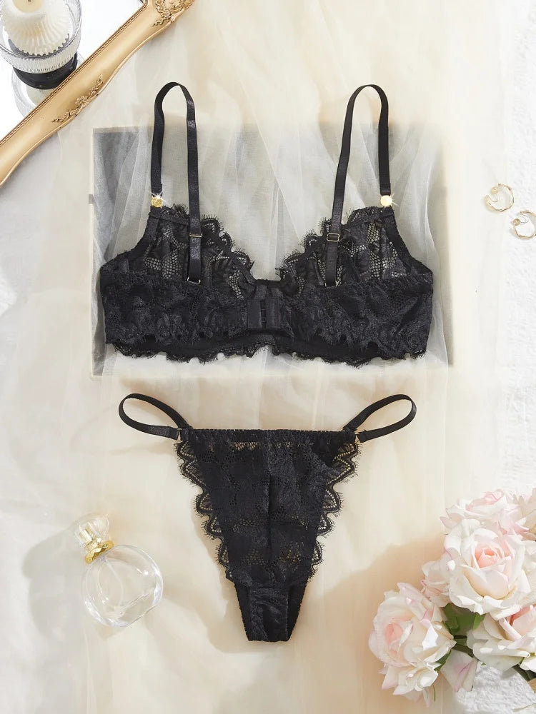 Sexy Lingeries Women Eyelashes Lace Underwear Charming Black Erotic Lingerie 2 Pieces Adult Underwear Elegant Pearl Lingerie Set