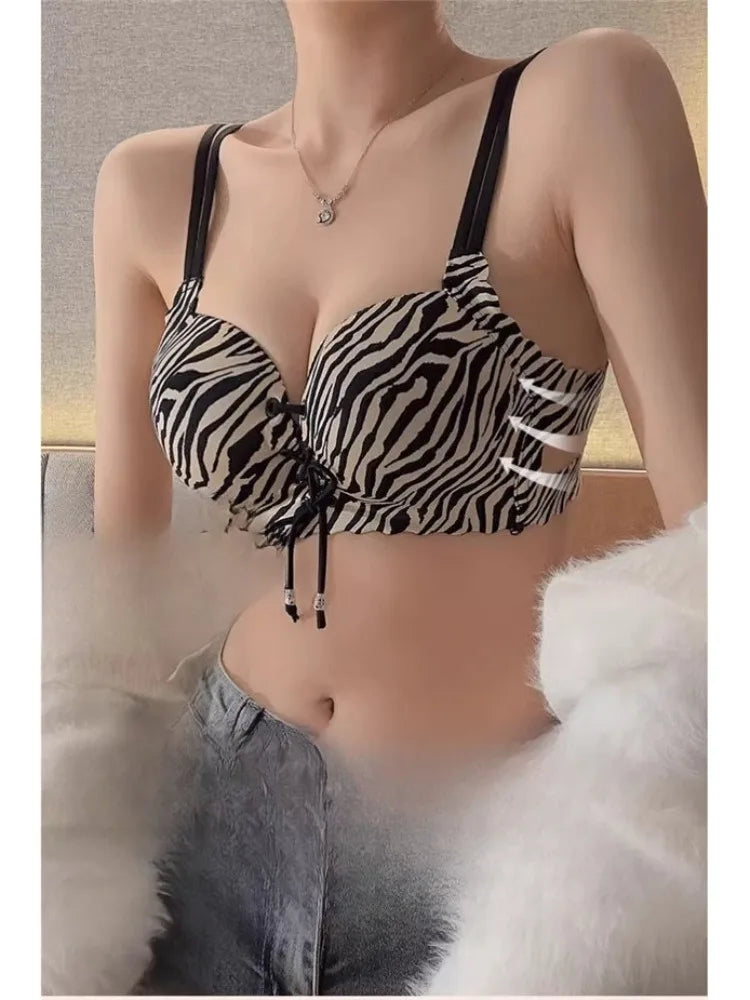 YUQI Zebra Print Push-Up Bra - AA Flat to B Cup, Super Thick Padding, Pure Desire Sexy Back, No Wire Gather Enhancer Super Thick